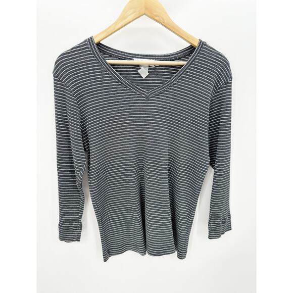 Fresh Produce Womens Shirt Large Gray White Striped V-Neck Long Sleeve Top - Picture 6 of 6